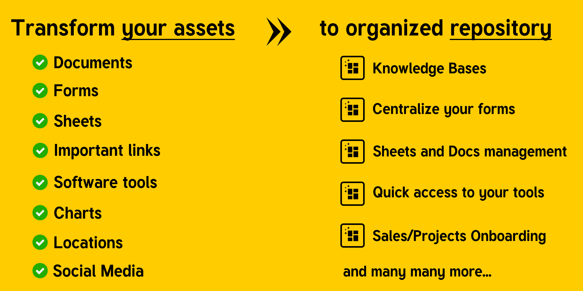 Build knowledge bases, organize documents and forms, and create onboarding resource collections.
