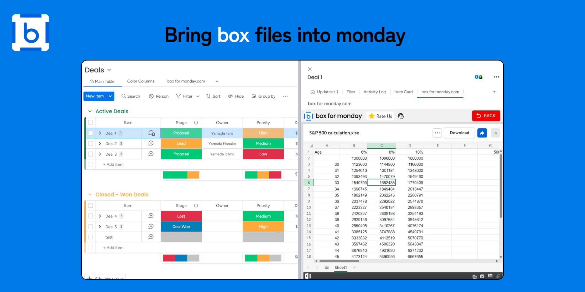 Preview a Box spreadsheet alongside a monday.com item.