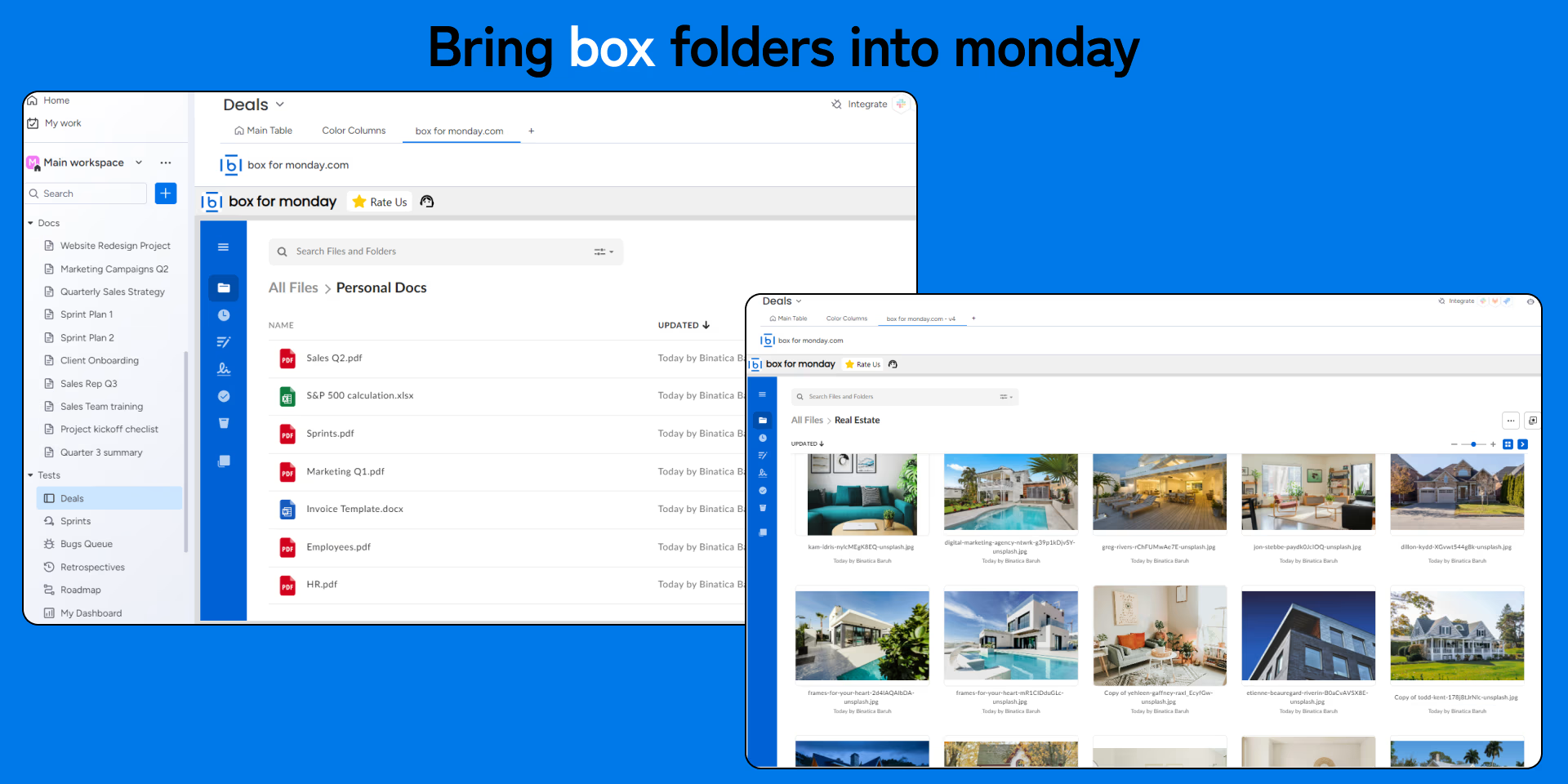 Browse Box folders in list and thumbnail views inside monday.com.