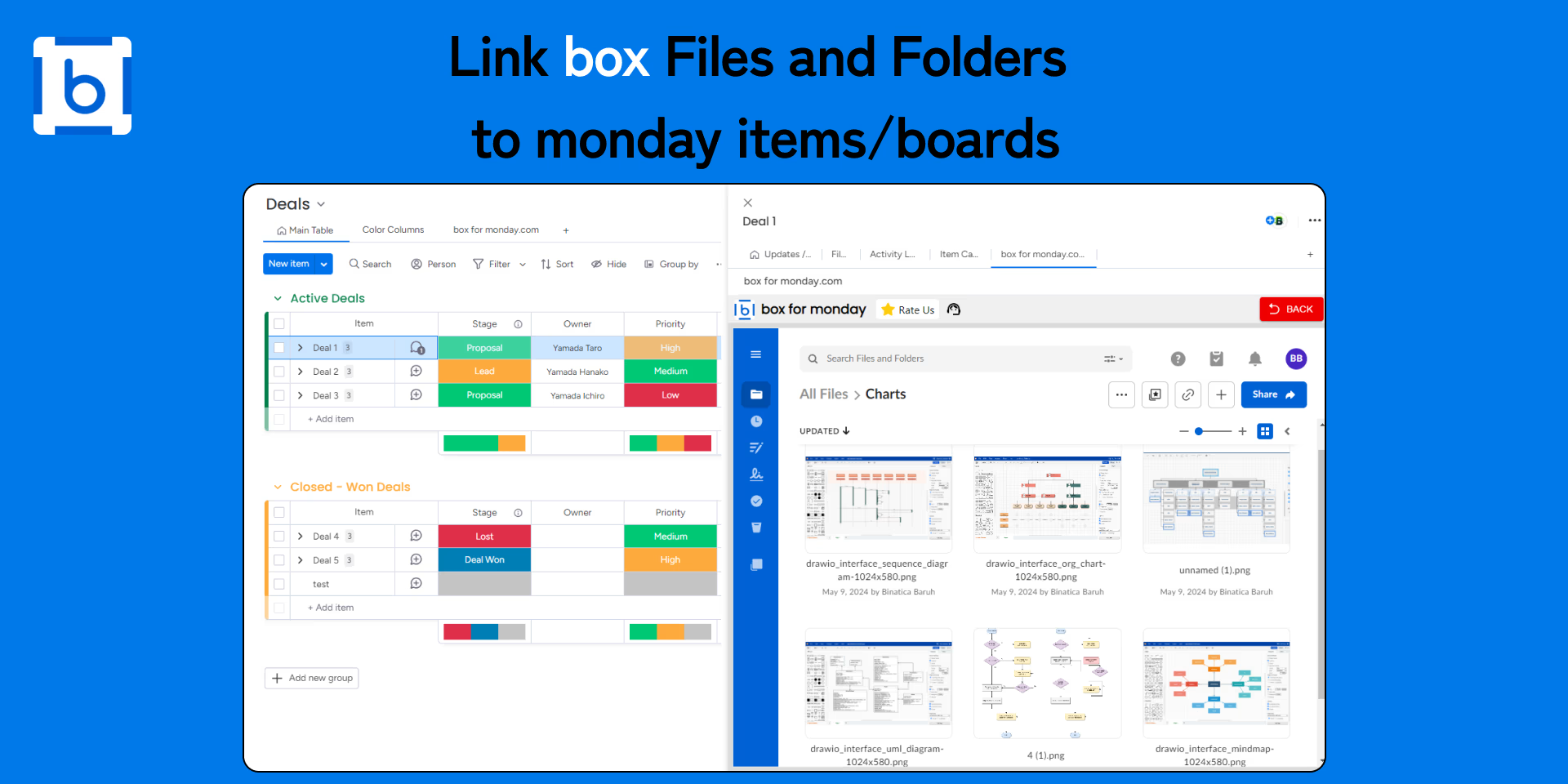 Link Box files and folders to monday.com items and boards.