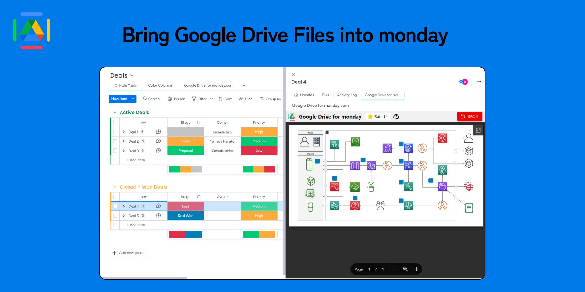 Open a Google Drive file alongside the monday.com item it belongs to.