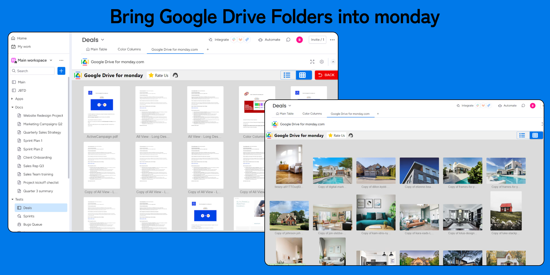 Browse Google Drive folders and file previews inside monday.com.