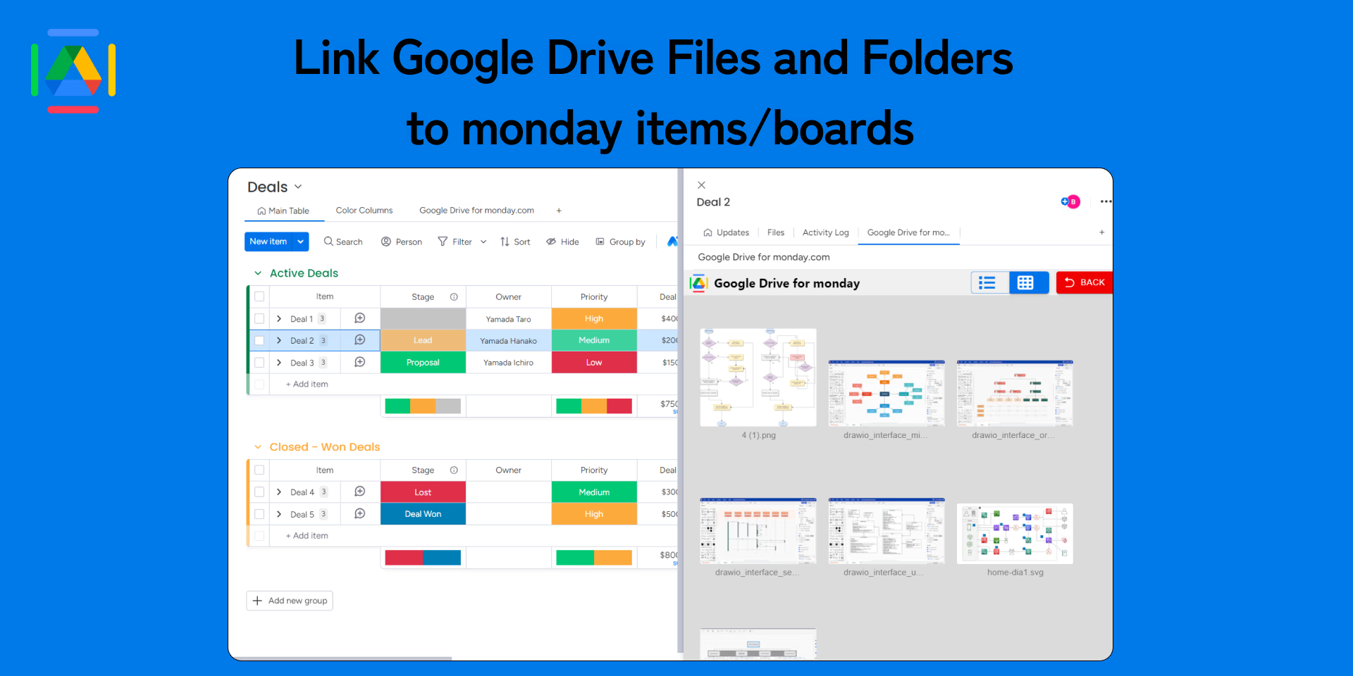 Link Google Drive files and folders to monday.com items and boards.